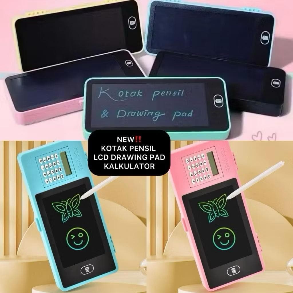 Kotak Pensil 3in1 Drawing Pad Kalkulator Papan Tulis LCD Pen Case