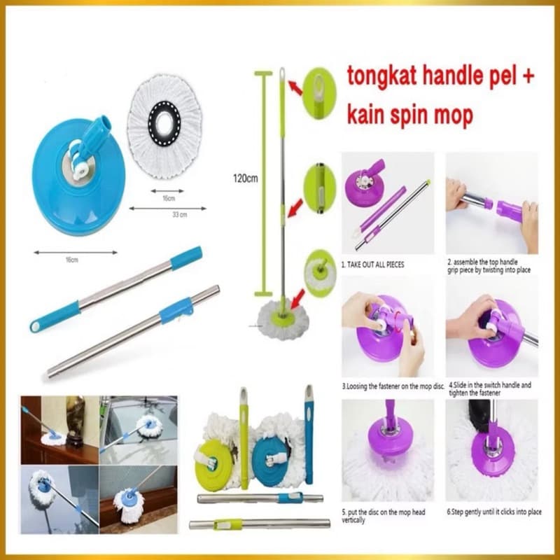 Tongkat Handle Pel + Kain Spin Mop Alat Pel Lantai Set Mop Stick Kain Refill Spin Mop
