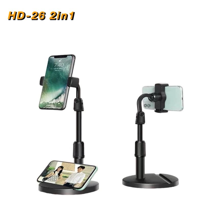 Phone Holder HD-26 + Penyangga Dudukan Handphone 2IN1 / Folding Desktop Support HD26 / Stand HP Adjustable Universal Rotari 360 Derajat / Table Standing Berdiri Untuk Live Streaming Vlog Meeting Riview Broadcasting Multifungsi HD 26