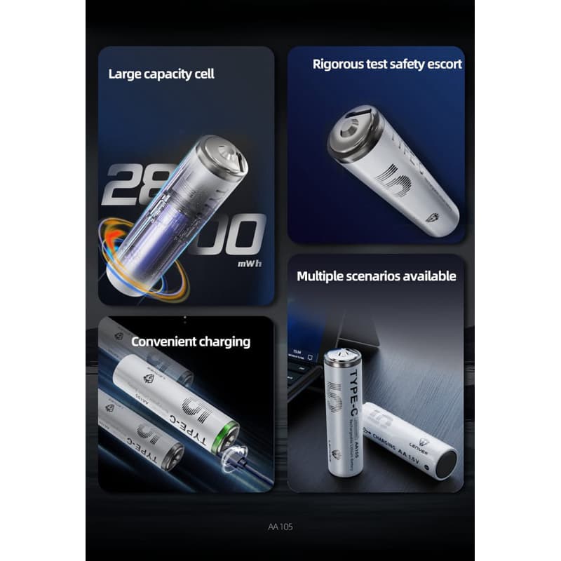 LENYES AA105 Baterai Charge isi Ulang AA 1.5V Rechargeable Lithium Battery 2800mWh Batu Batree