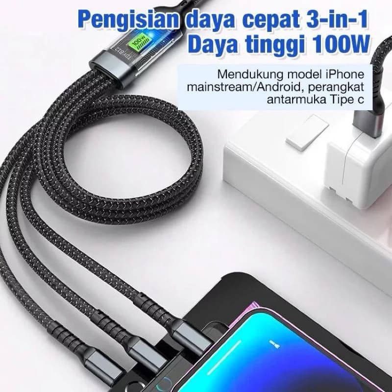 Kabel Data Charger 3 in 1 Fast Charging 100W JK-07 USB Micro Type C Lightning Cable 3in1 Best Quality