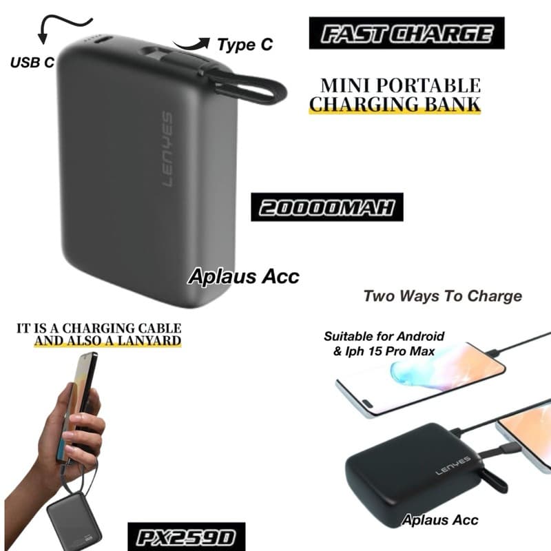 Powerbank 20.000Mah LENYES PX259D Super Mini Fast Charging 22.5W Built In Cable Type C Output