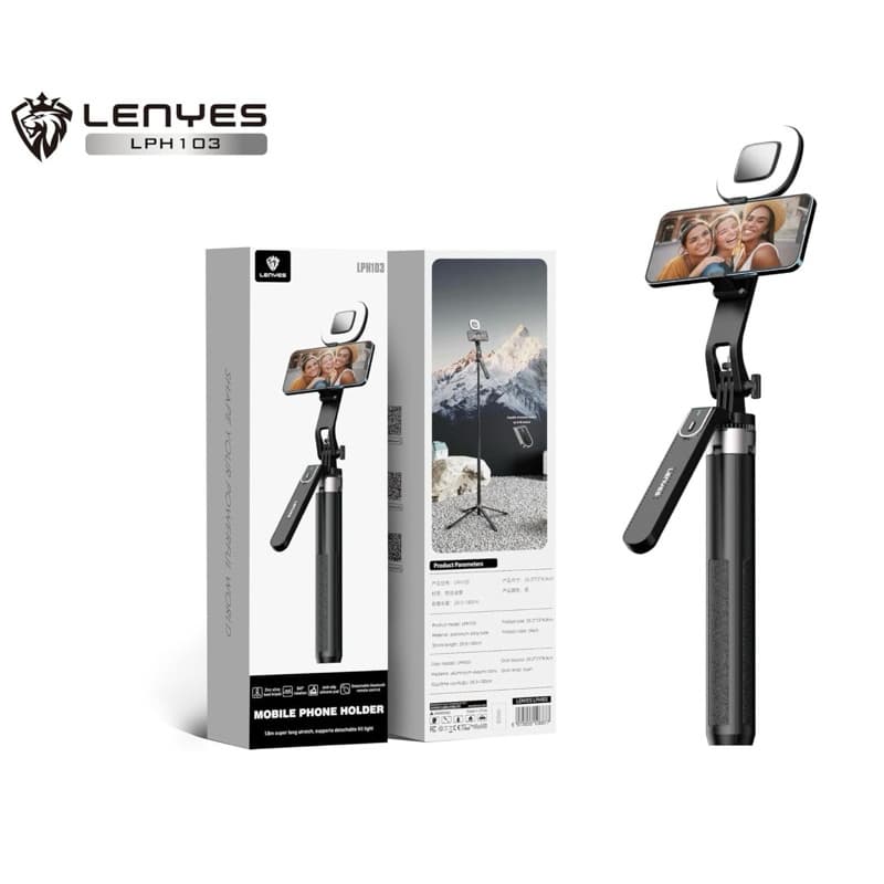 Tongsis LENYES LPH103 Selfie Stick Tripod Kamera HP With Remote Bluetooth Lampu LED Monopod Portable