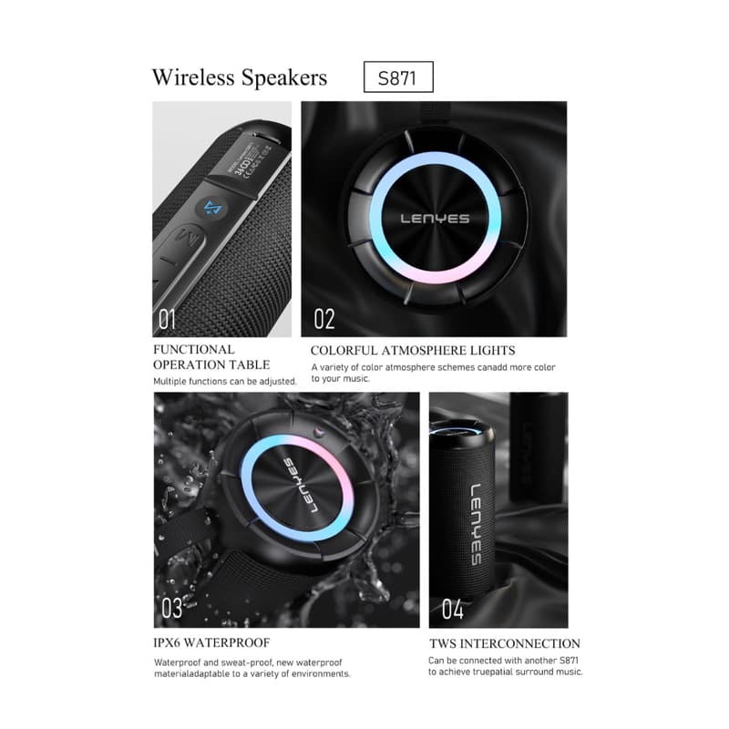 Wireless Speaker LENYES S871 60W Bluetooth 5.3 Portable RGB Light TWS Waterproof IPX6