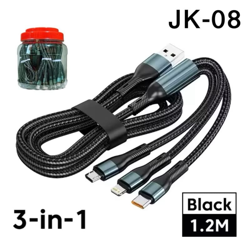 Kabel Data 3in1 JK-08 1,2Meter Toples isi 10pcs Support Fast Charging