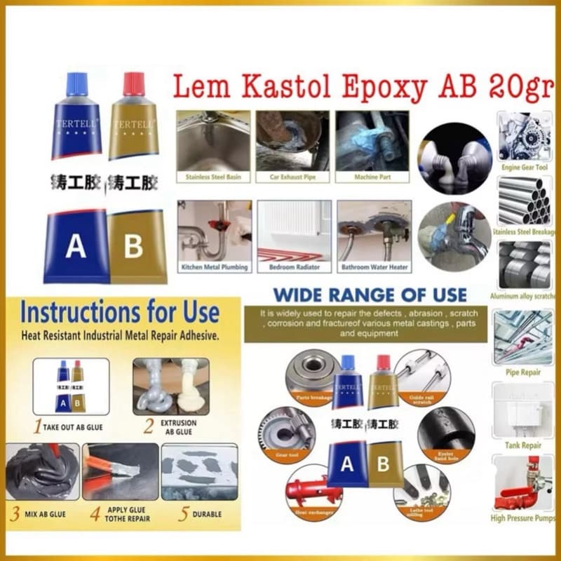 Lem Kastol Epoxy AB 20g Lem Kuat Penambal Besi Radiator Steel Metal Anti Bocor