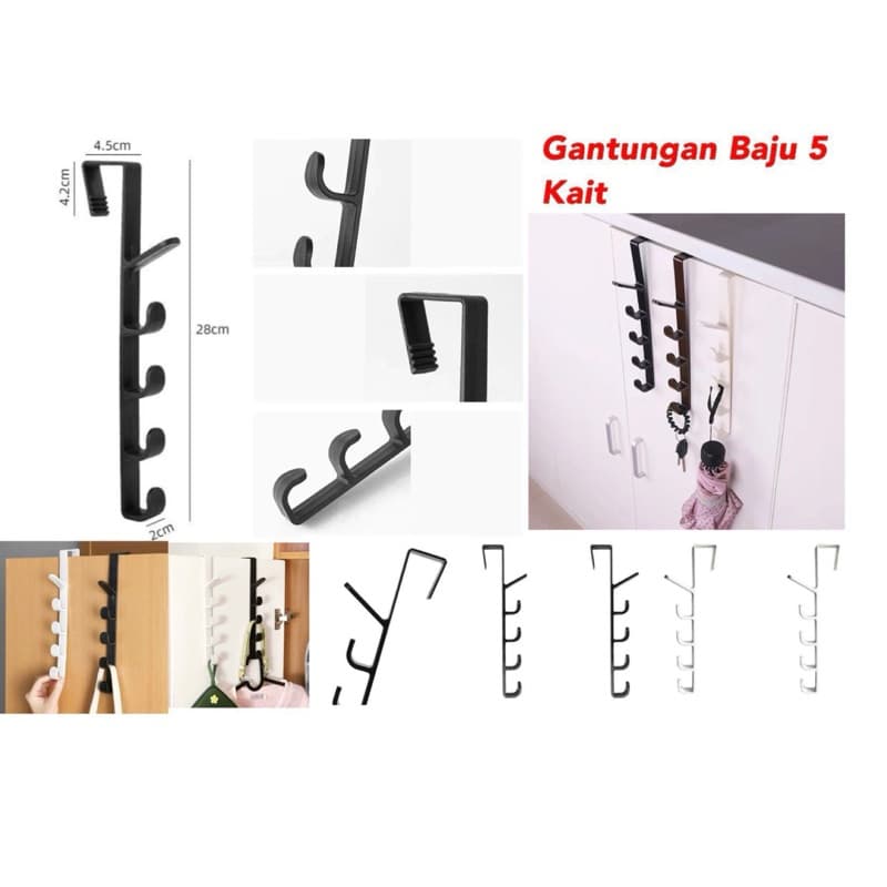 Gantungan Baju Belakang Pintu 5 Kait Tanpa Paku Hanger Gantungan Baju Tas Topi 5 Hook Serbaguna