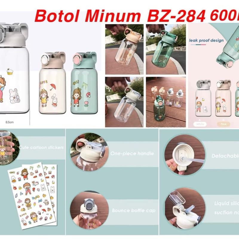 Botol Minum Anak BZ-284 Botol Minum 600ML Transparan Karakter Lucu Free Stiker