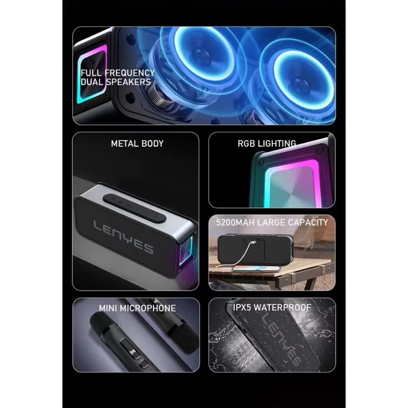 LENYES S856 120W KTV Wireless Speaker + Microphone Karaoke Bluetooth 5.0 Portable RGB Light DSP High Power