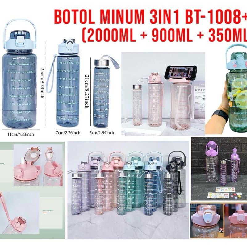 Botol Minum 3in1 BT1008+3 Botol Minum 2000ML 900ML 350ML Transparan Free Stiker BPA Free