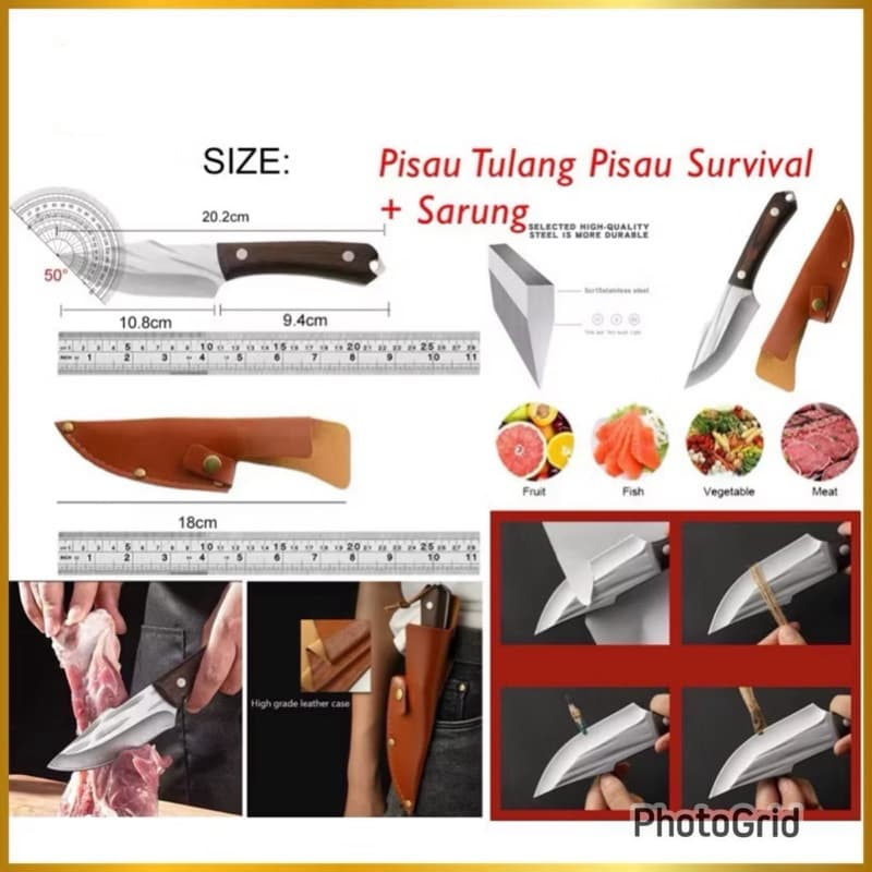 Pisau Tulang Pisau Survival + Sarung Pisau Dapur Daging Super Tajam Serbaguna
