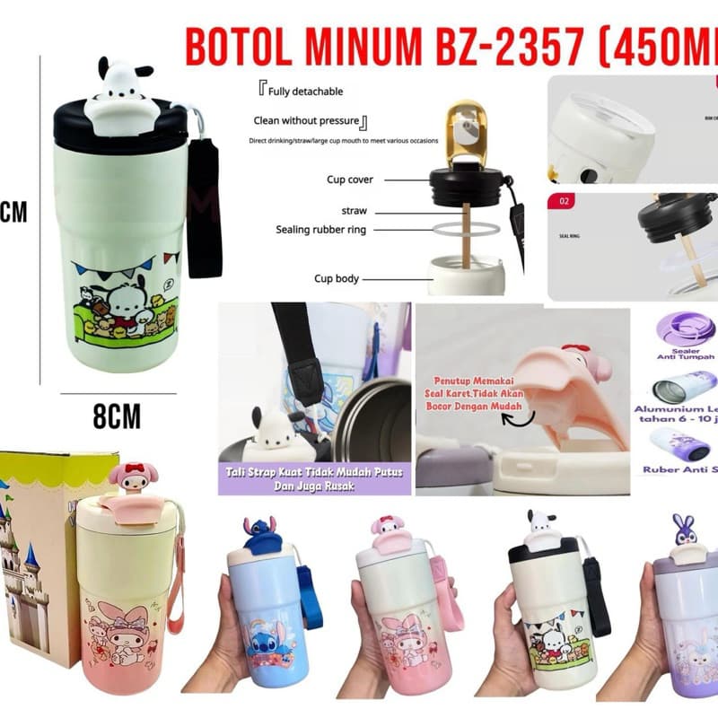 Tumbler Termos Stainless Karakter Kartun BZ-2357 Tumbler Minum Tahan Panas Mug 450ML BPA Free