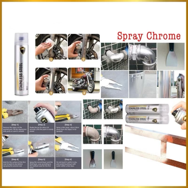 Spray Chrome Cat Semprotan Krom Tanpa Karat Warna Stainless Steel 350ml