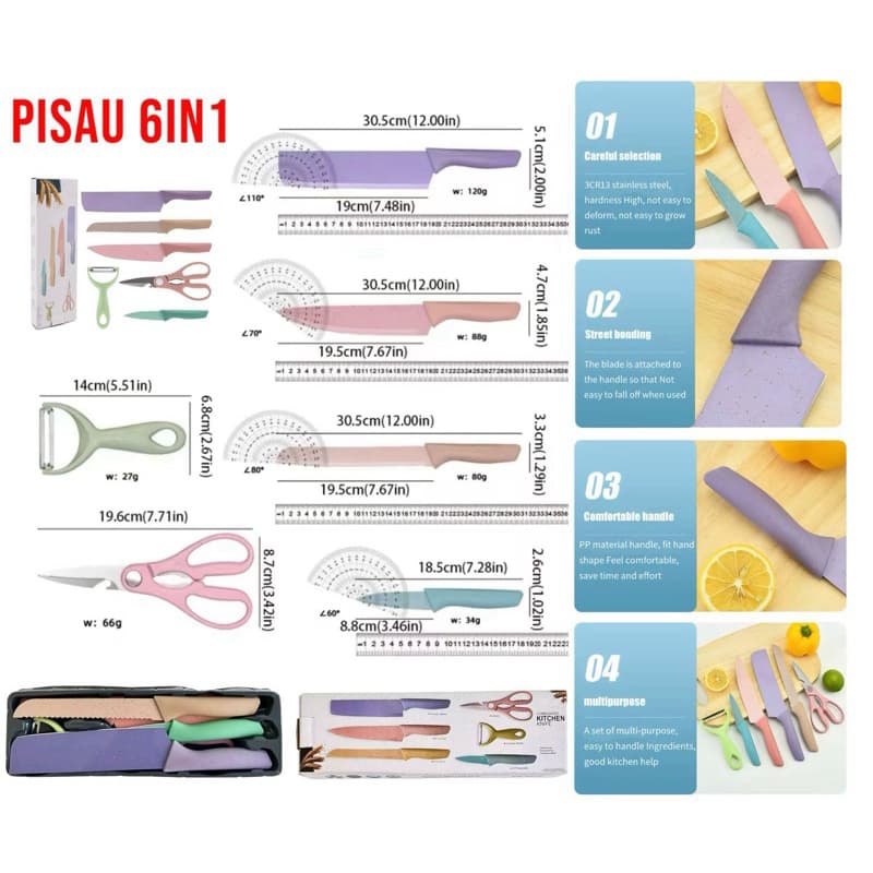 Pisau dapur set 6in1 stainless knife anti lengket isi 6pcs / Peralatan masak pisau