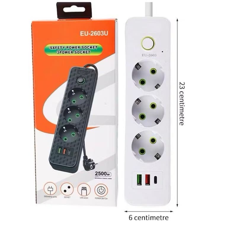 Stop Kontak Colokan Listrik EU-2603U 2M Stop Kontak 3 Socket 2 USB 1 Type C Terminal Listrik On Off