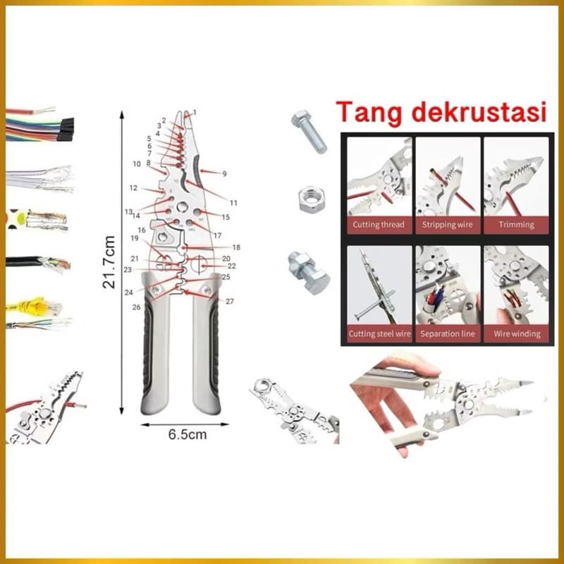 Tang Dekrustasi 27in1 Pemotong Kabel Kawat Alat Tang Pengupas Kabel Listrik Multifungsi