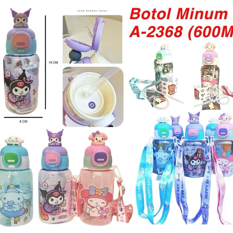 Botol Minum Anak Kuromi A-2368 Botol Minum 600ML Karakter Lucu Free Stiker BPA Free