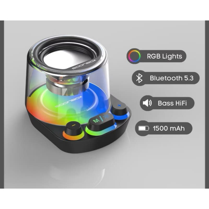 SOONBOX S301 Mini Speaker Bluetooth Portable 5.3 Wireless 10W Bass HifI 360 Sound + LED Light Mechanical Button