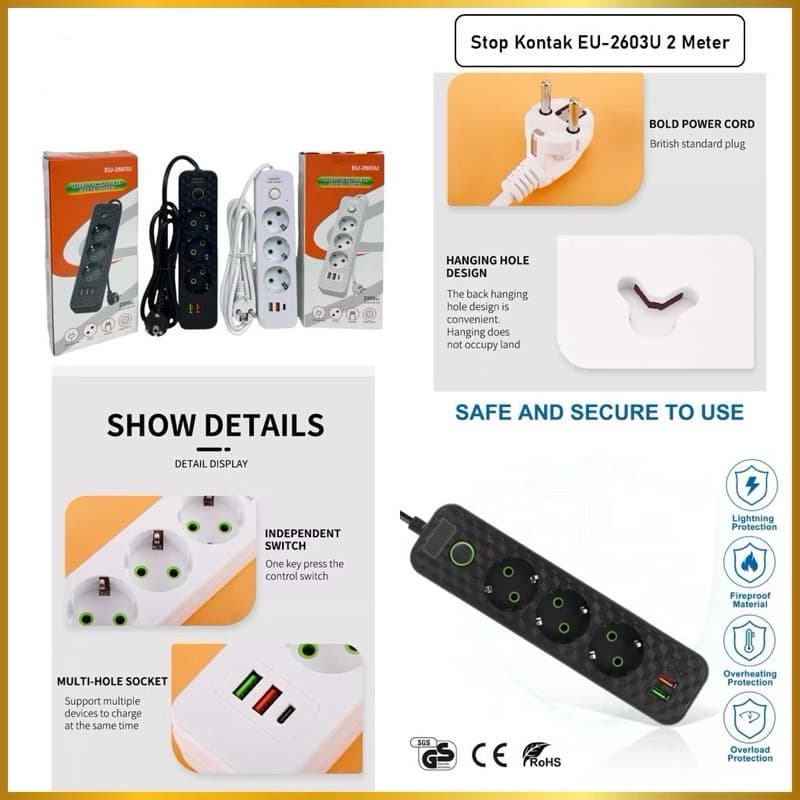 Stop Kontak Colokan Listrik EU-2603U 2M Stop Kontak 3 Socket 2 USB 1 Type C Terminal Listrik On Off
