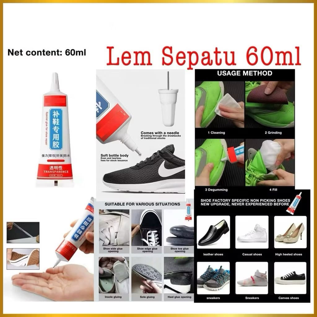 (GROSIRAN) Lem Sepatu 60ml Cairan Super Kuat Lem Perekat Sepatu Penambal Sol Sepatu Transparan