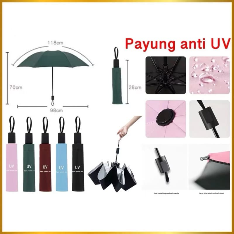 Payung Lipat Anti UV Panas Sinar Matahari Anti Air Payung Lipat UV Protection Motif Polos
