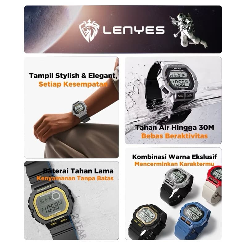LENYES LEW005 Jam Tangan Pria Wanita Digital Tahan Air Sport Watch Resin 3ATM Waterproof