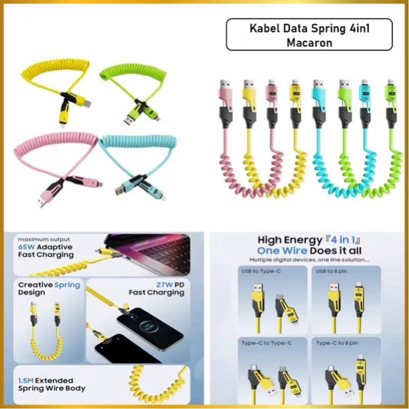 Kabel Data Spring 4in1 Macaron Kabel Data Lilit Spiral Silicone Fast Charging Serbaguna