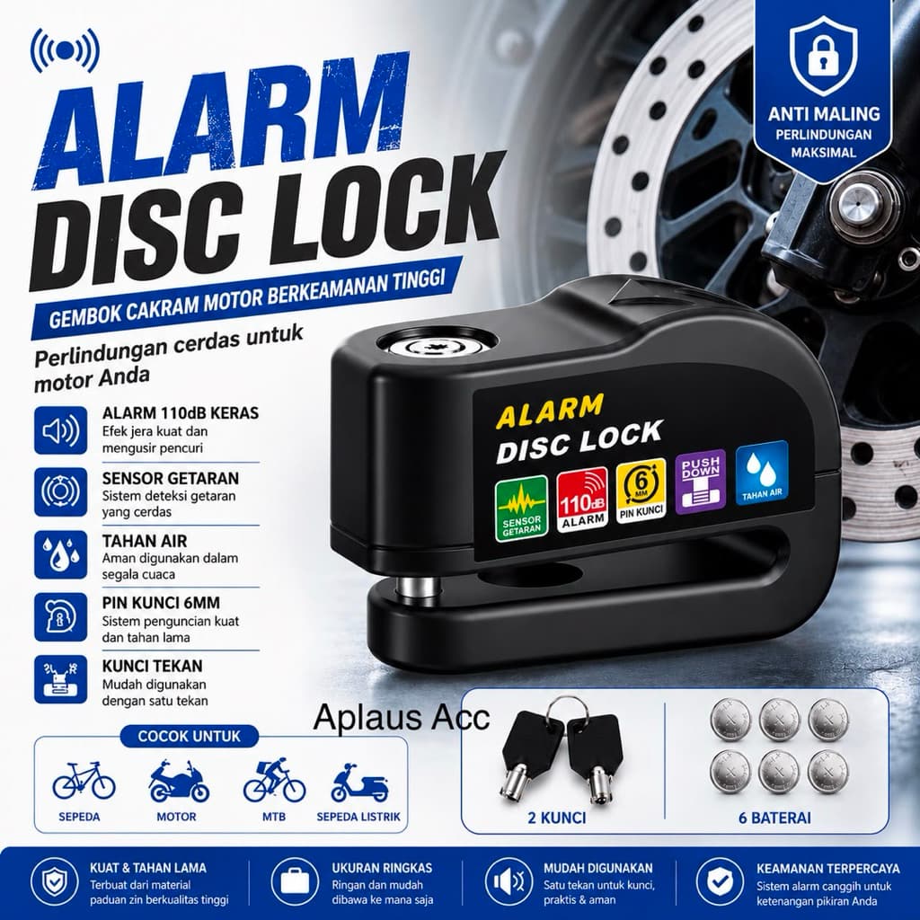 Gembok Alarm Cakram Motor Anti Maling 110dB Waterproof 110 Alarm Disc Lock Free 2 Kunci