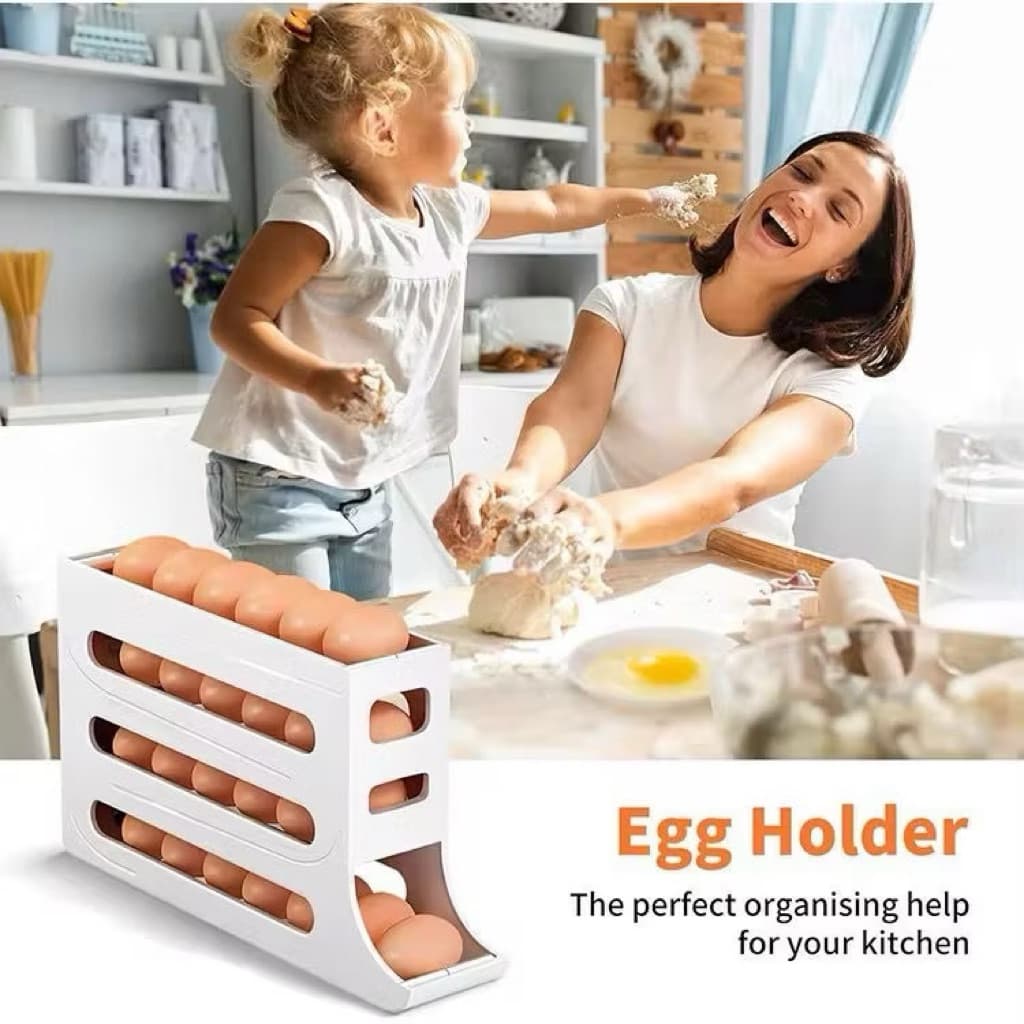 Rak Penyimpanan Telur 4 Tingkat Bergulir Otomatis Rak Telur Organizer Praktis Minimalis