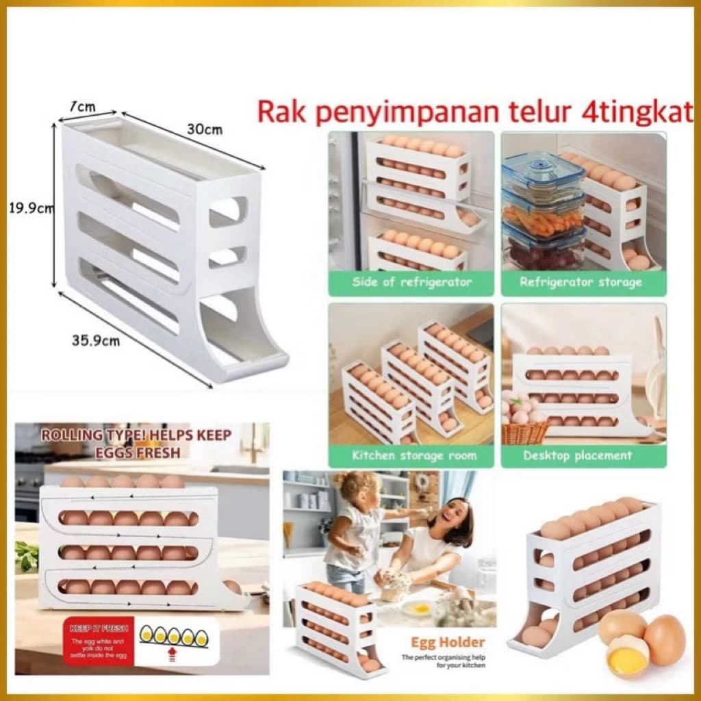 Rak Penyimpanan Telur 4 Tingkat Bergulir Otomatis Rak Telur Organizer Praktis Minimalis