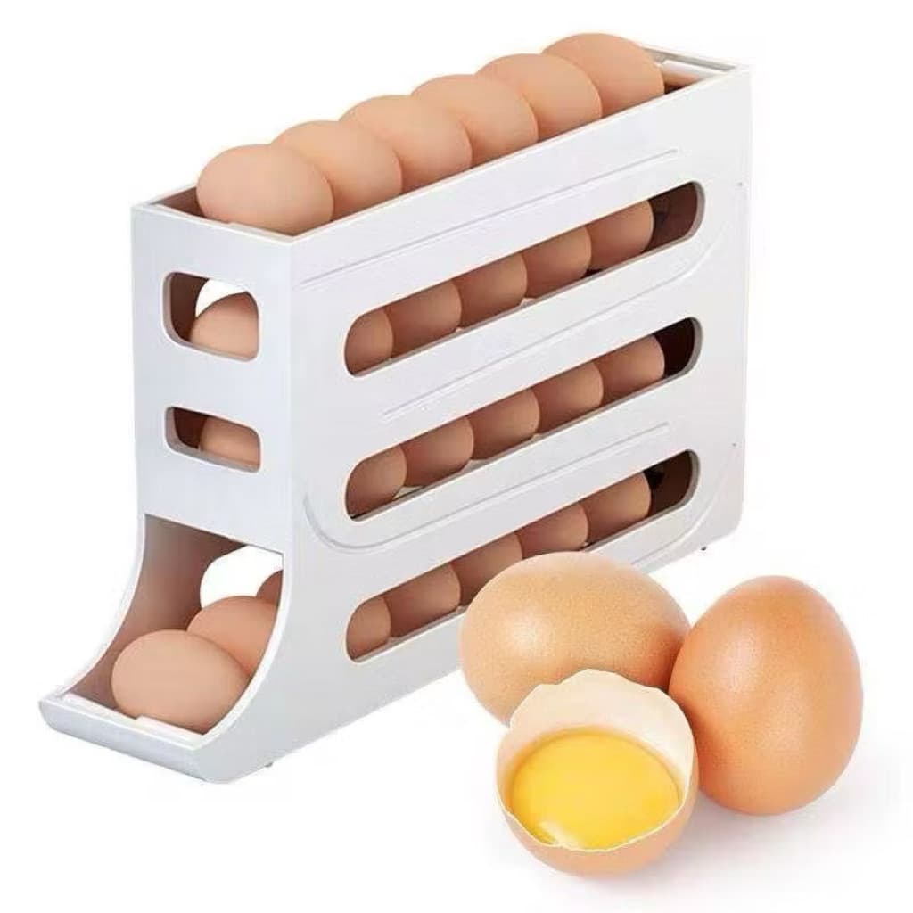 Rak Penyimpanan Telur 4 Tingkat Bergulir Otomatis Rak Telur Organizer Praktis Minimalis