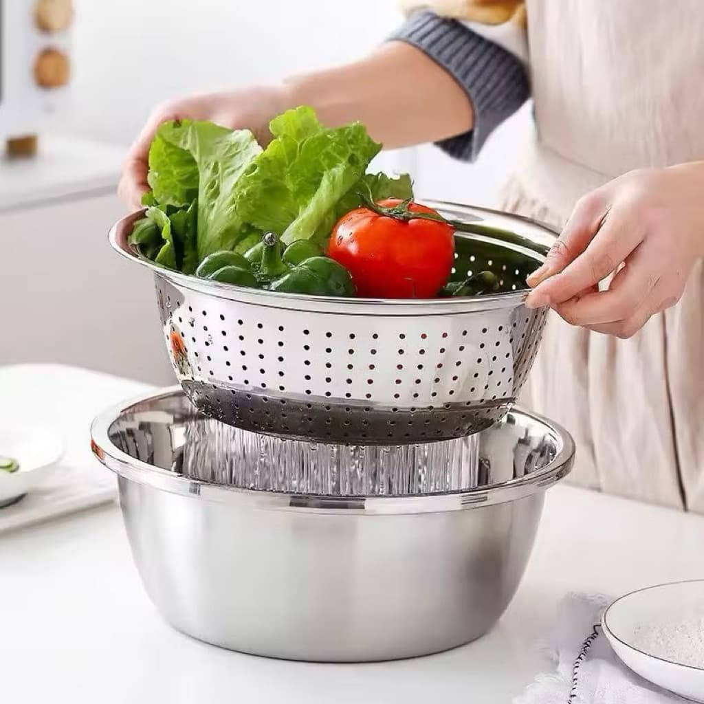 Baskom Parut Set 3in1 Baskom Parutan Saringan Pengiris Sayuran Buah Stainless Steel Serbaguna