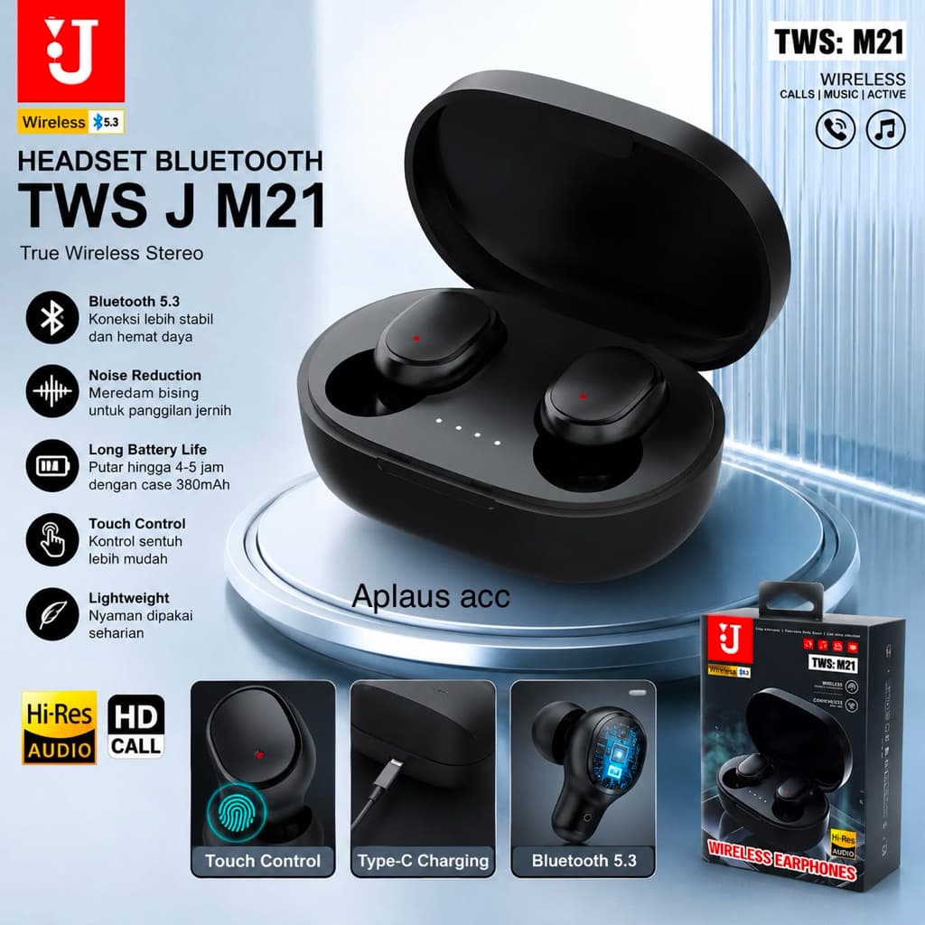 (GROSIRAN) Headset Handsfree Bluetooth 5.3 TWS J M21  Wireless Earphone Universal Stereo Bass