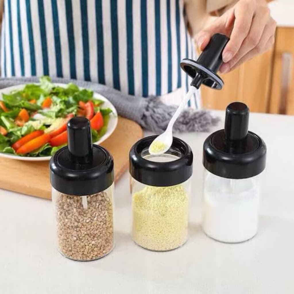 (GROSIRAN) Tempat bumbu Dapur Kopi Gula Serbaguna Botol Kaca Dengan Tutup Sendok