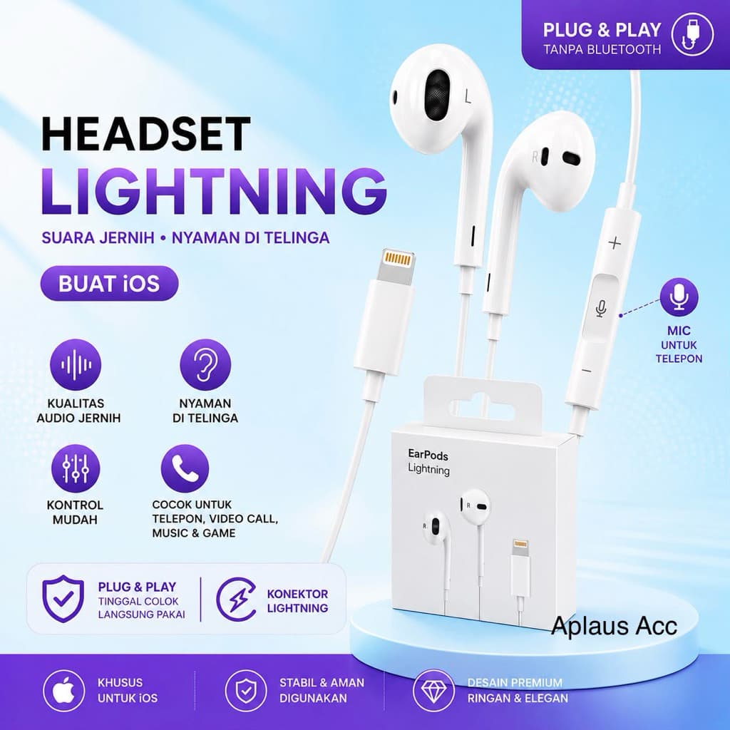 (GROSIRAN) Headset Lightning Iphone IOS Plug & Play Earphone Kabel Mic Suara Jernih Tanpa Bluetooth