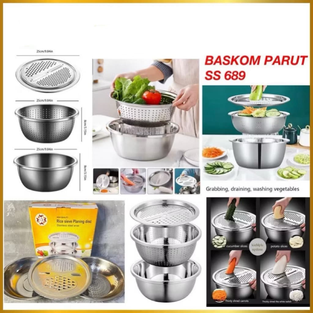 Baskom Parut Set 3in1 Baskom Parutan Saringan Pengiris Sayuran Buah Stainless Steel Serbaguna