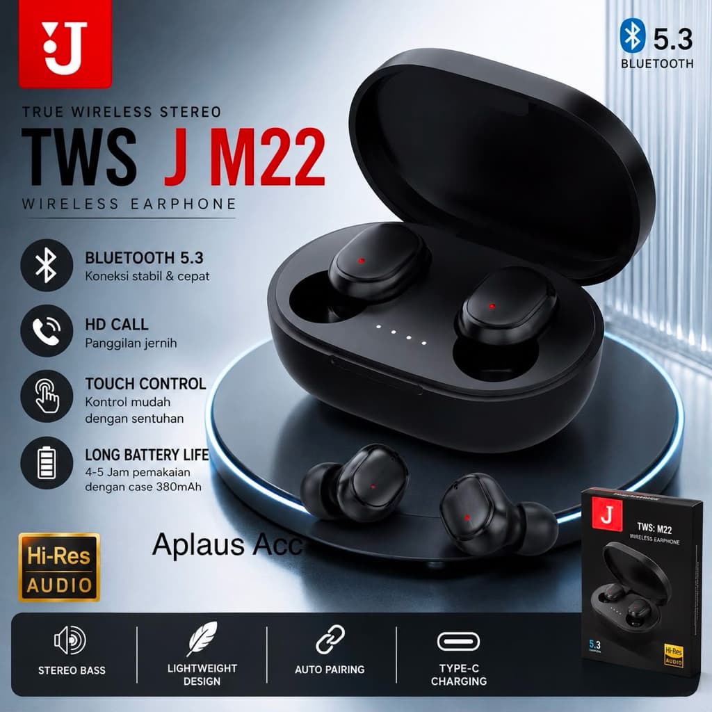 (GROSIRAN) Headset Handsfree Bluetooth 5.3 TWS J M22 Wireless Earphone Universal Stereo Bass