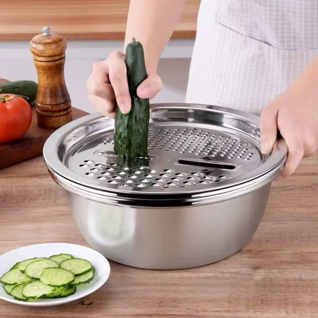 Baskom Parut Set 3in1 Baskom Parutan Saringan Pengiris Sayuran Buah Stainless Steel Serbaguna