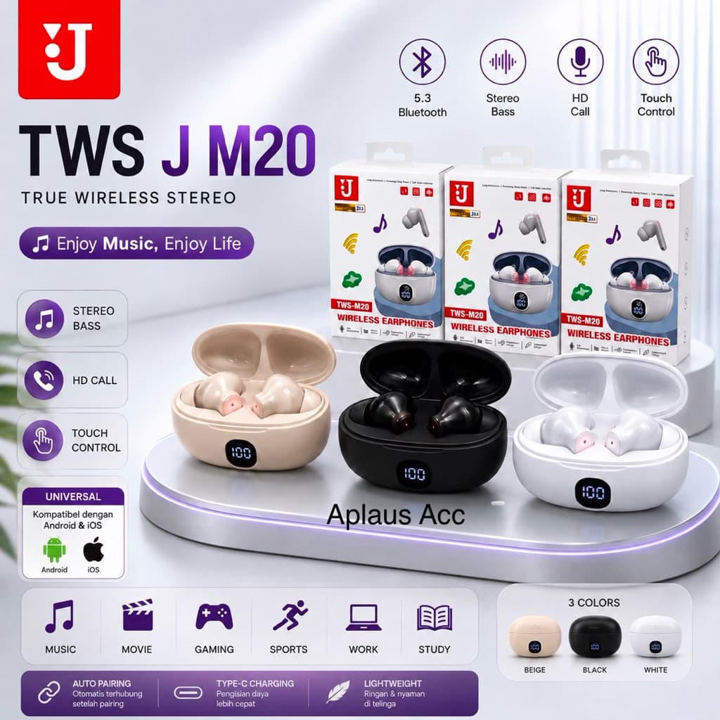 Headset Bluetooth TWS J M20 Wireless Earphone Bluetooth 5.3 HiFi Stereo Bass HD Call Touch Control Type-C