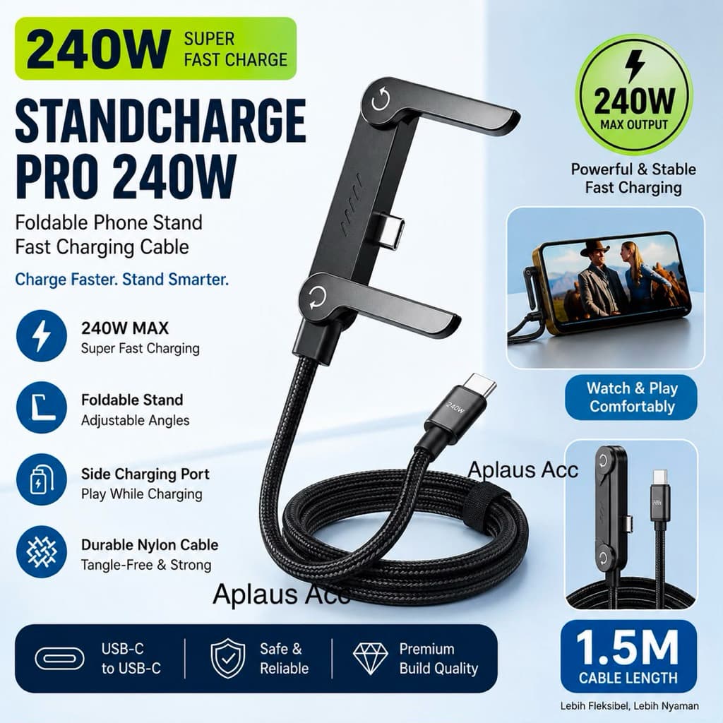 (GROSIRAN) Kabel Data Charger USB Type C To Type C VK-03 Fast Charging 240W dengan Dudukan Stand Lipat Ponsel  1,5 Meter Siku 90° untuk Gaming