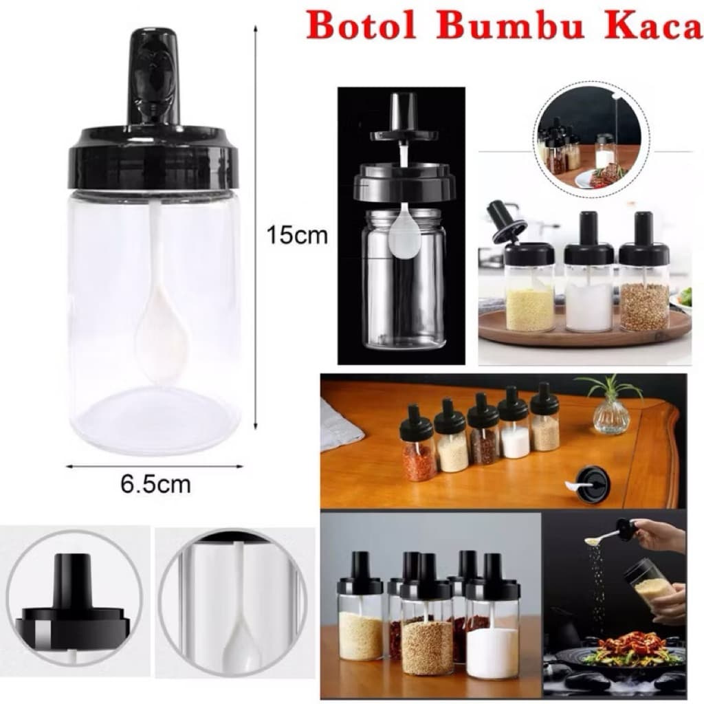 (GROSIRAN) Tempat bumbu Dapur Kopi Gula Serbaguna Botol Kaca Dengan Tutup Sendok
