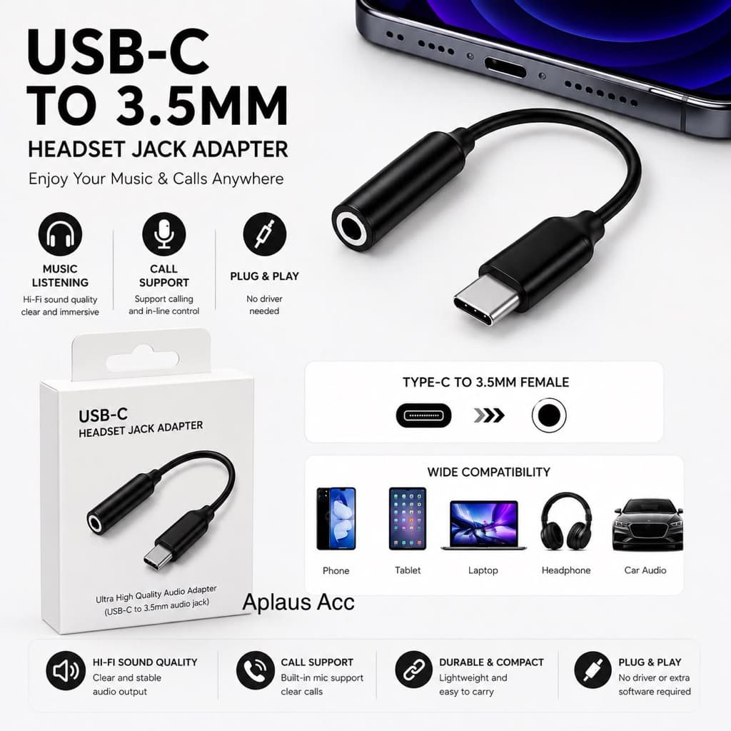 Adaptor Converter Headset Type C To Aux 3.5mm Female Jack Audio Adapter Splitter Handsfree Call & Music