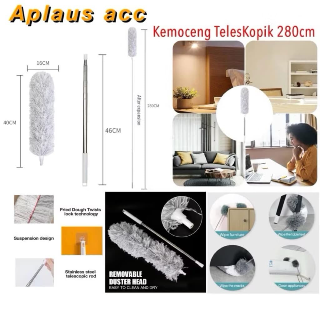(GROSIRAN) Kemoceng Microfiber Teleskopik 280cm Alat Pembersih Debu Kotoran Langit Langit Rumah Serbaguna