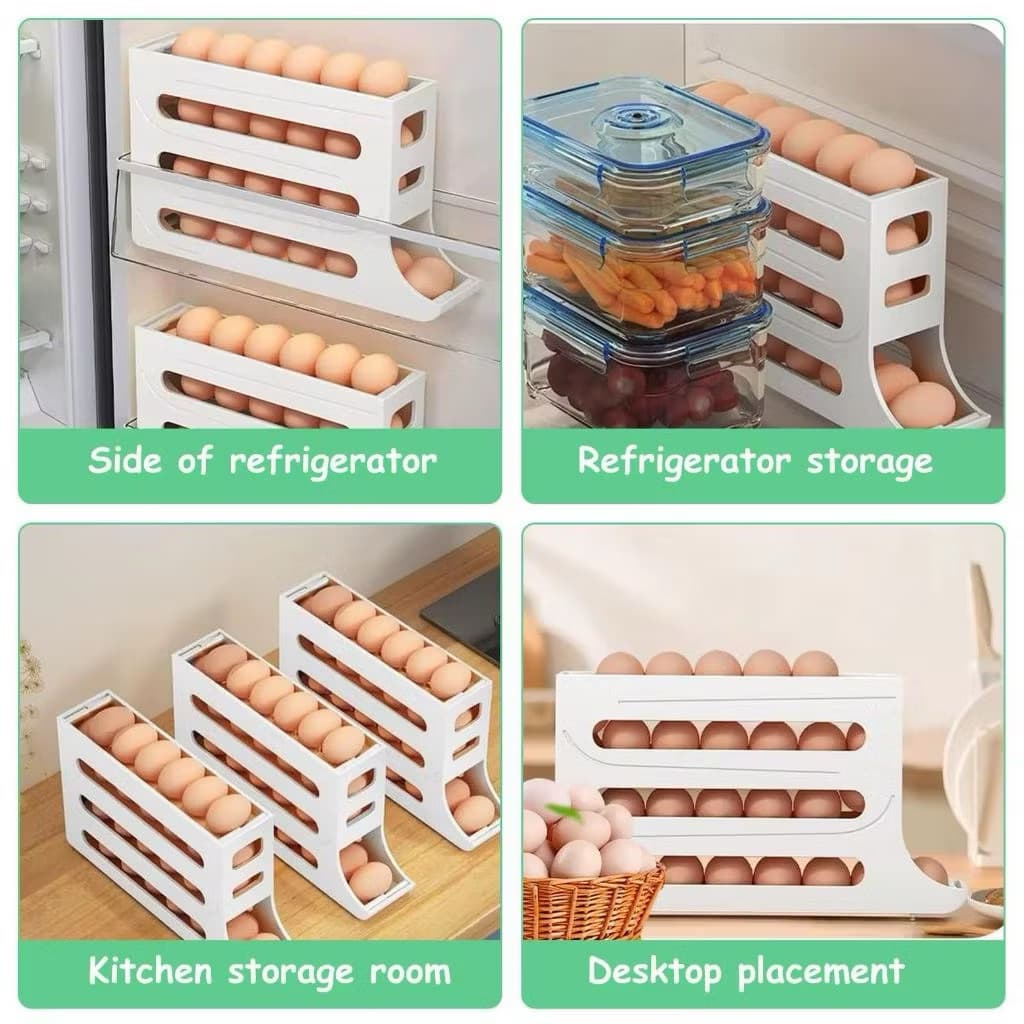 Rak Penyimpanan Telur 4 Tingkat Bergulir Otomatis Rak Telur Organizer Praktis Minimalis