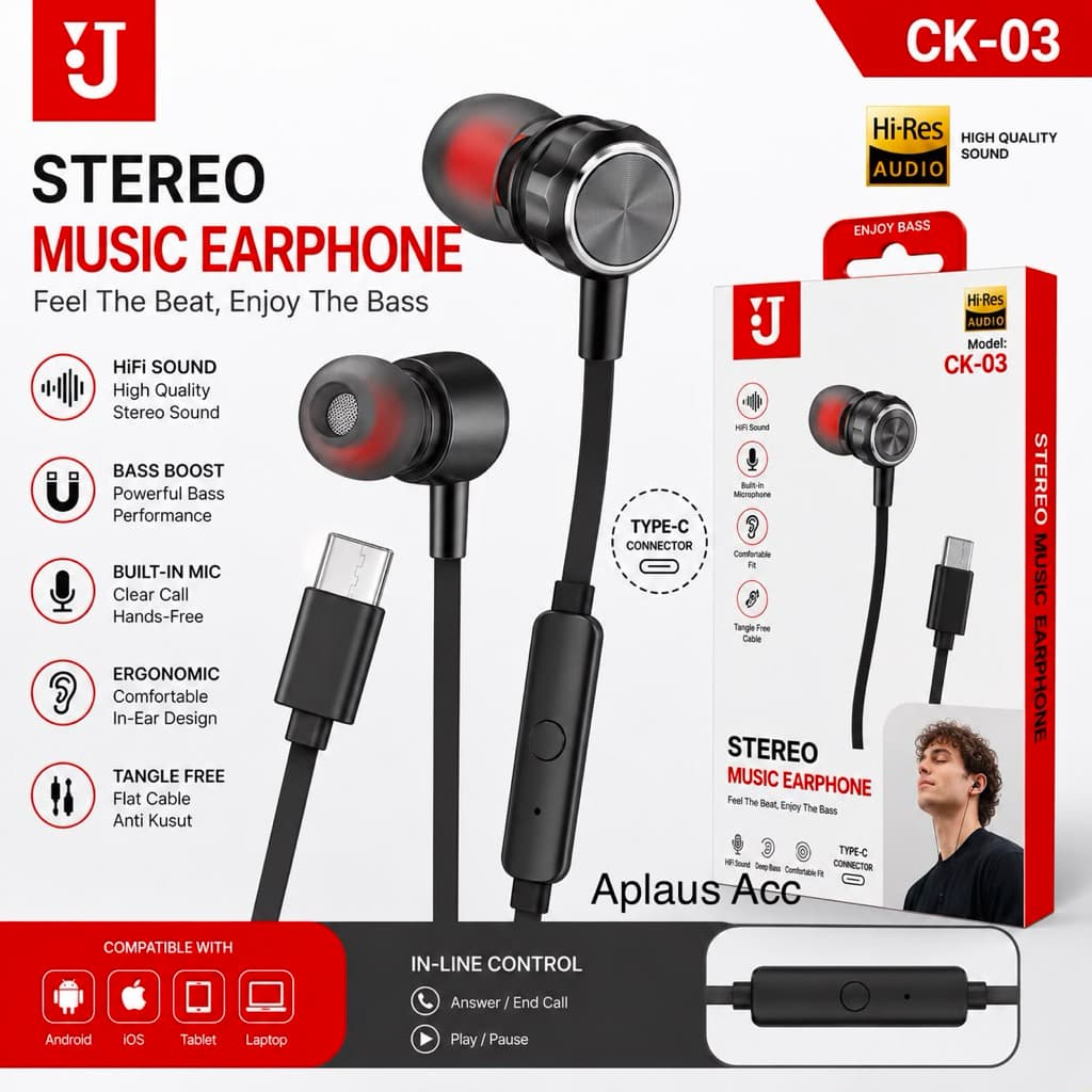 (GROSIRAN) Handsfree Headset Type C Universal Stereo Earphone CK-03 + Mic buat telepon Bass Hifi