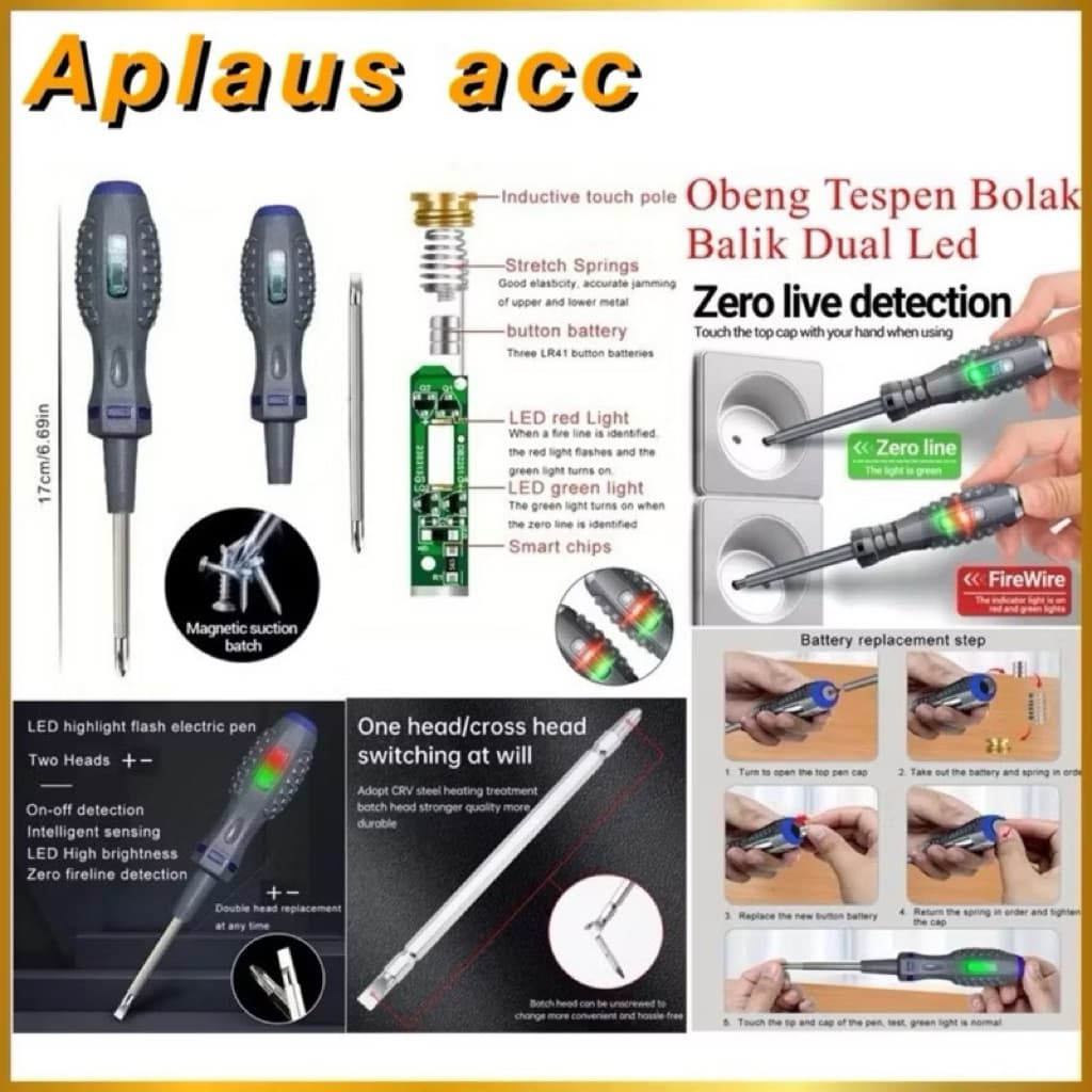 (GROSIRAN) Obeng Tespen Bolak Balik Dual LED Tespen Induksi Tester Lokasi Gagang Karet Anti Karat Slip Serbaguna