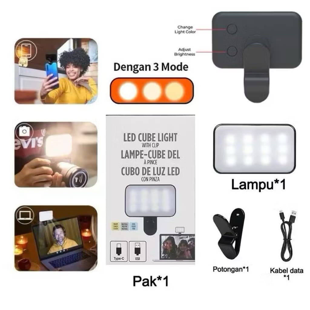 Lampu Selfie Led Cube Light Portable Lampu Selfie Mini Fill Light Clip Live Streamer Serbaguna