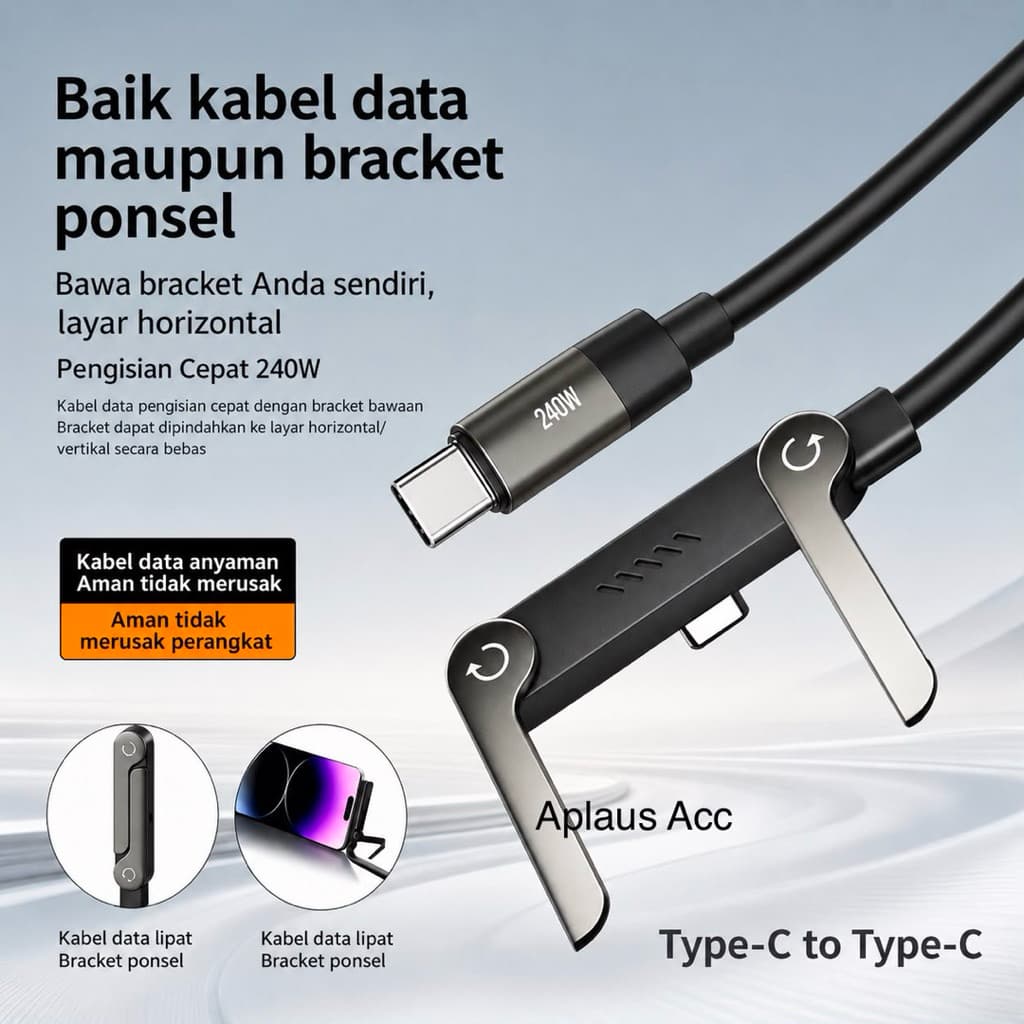 (GROSIRAN) Kabel Data Charger USB Type C To Type C VK-03 Fast Charging 240W dengan Dudukan Stand Lipat Ponsel  1,5 Meter Siku 90° untuk Gaming