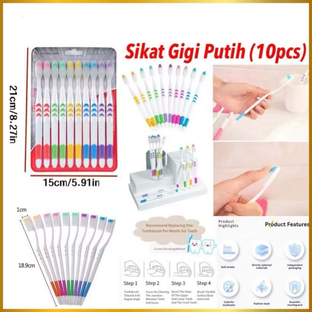 (GROSIRAN 2) Sikat Gigi Putih Dewasa Sikat Gigi Bulu Halus Lembut Isi 10pcs Travel Toothbrush