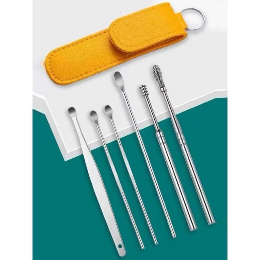 (GROSIRAN) Alat Pembersih Telinga 6 in 1 + Pouch Korek Kuping Pembersih Telinga Ear Wax Picker Stainless